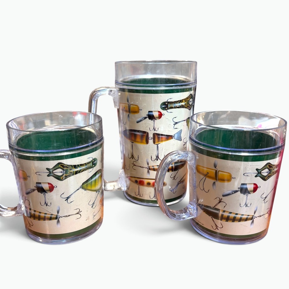 VTG Thermo-Serv Jon Q Wright Fishing Lure Mugs x 3 Gorpcore Decor use only READ